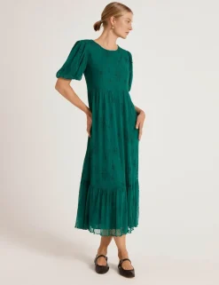 Mesh Floral Embroidered Midi Tiered Dress