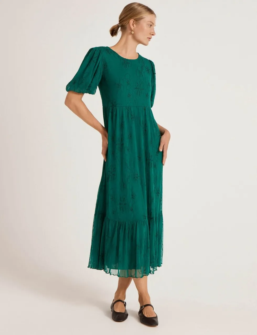 Mesh Floral Embroidered Midi Tiered Dress