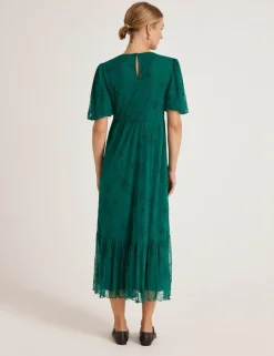 Mesh Floral Embroidered Midi Tiered Dress