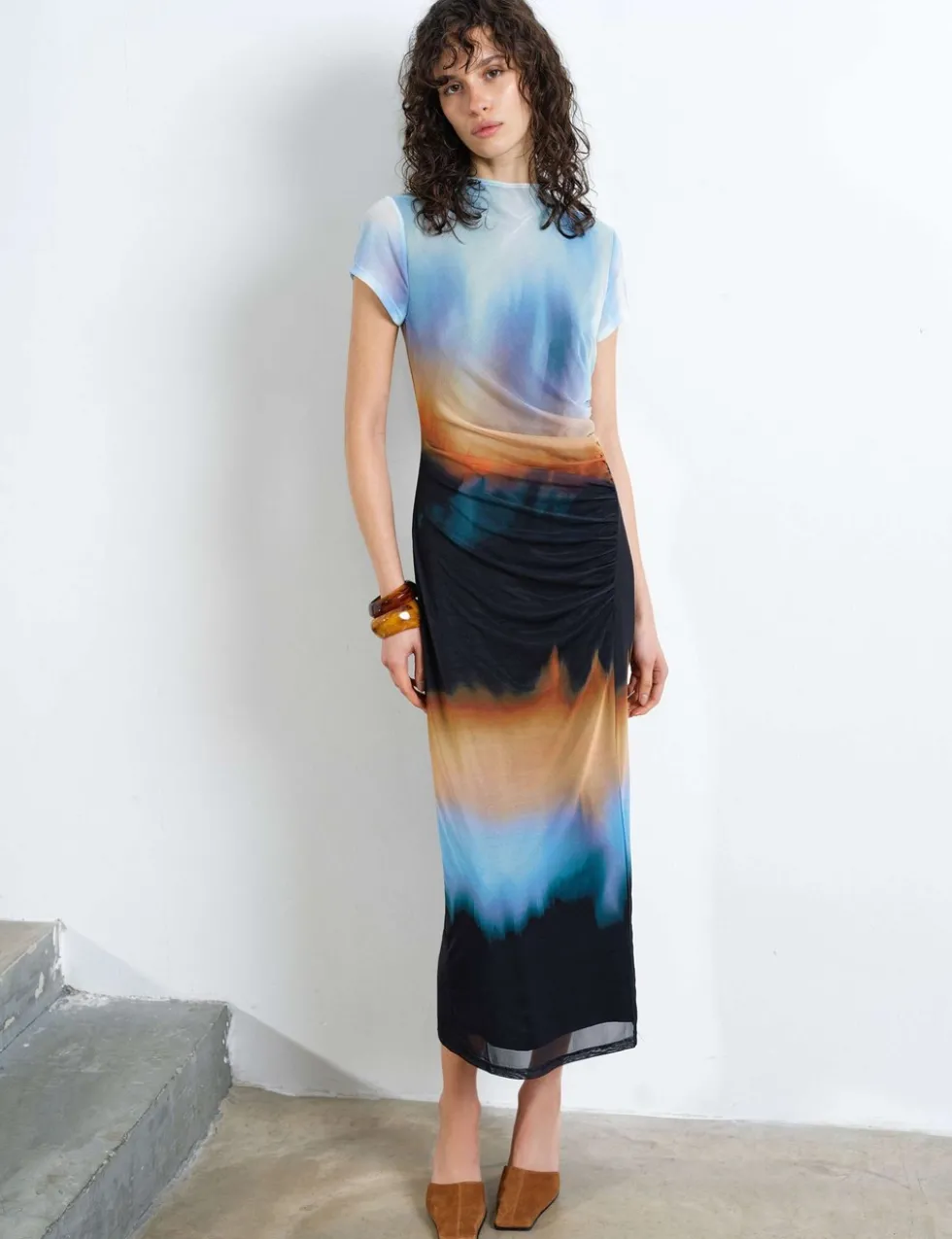 Mesh Ombre High Neck Midi Column Dress