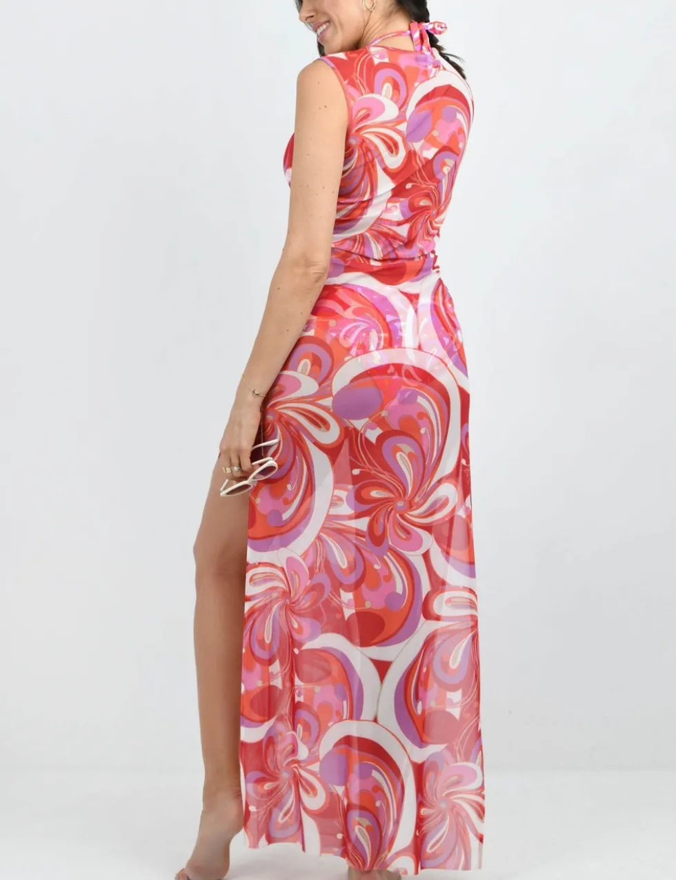 Mesh Printed Round Neck Maxi Beach Dress
