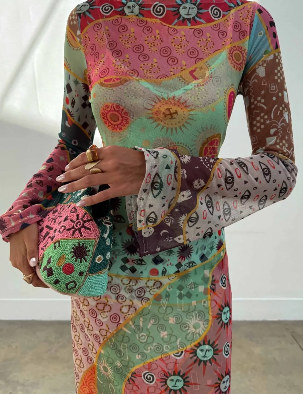 Mesh Printed Slash Neck Midaxi Column Dress