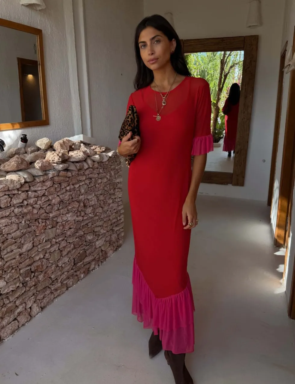 Mesh Textured Ruffle Maxi Bodycon Dress