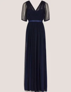 Mesh V-Neck Sheer Sleeve Maxi Skater Dress