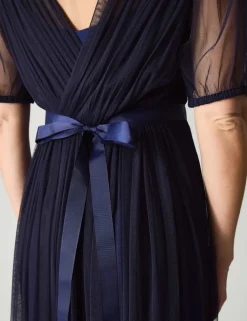 Mesh V-Neck Sheer Sleeve Maxi Skater Dress