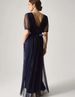 Mesh V-Neck Sheer Sleeve Maxi Skater Dress