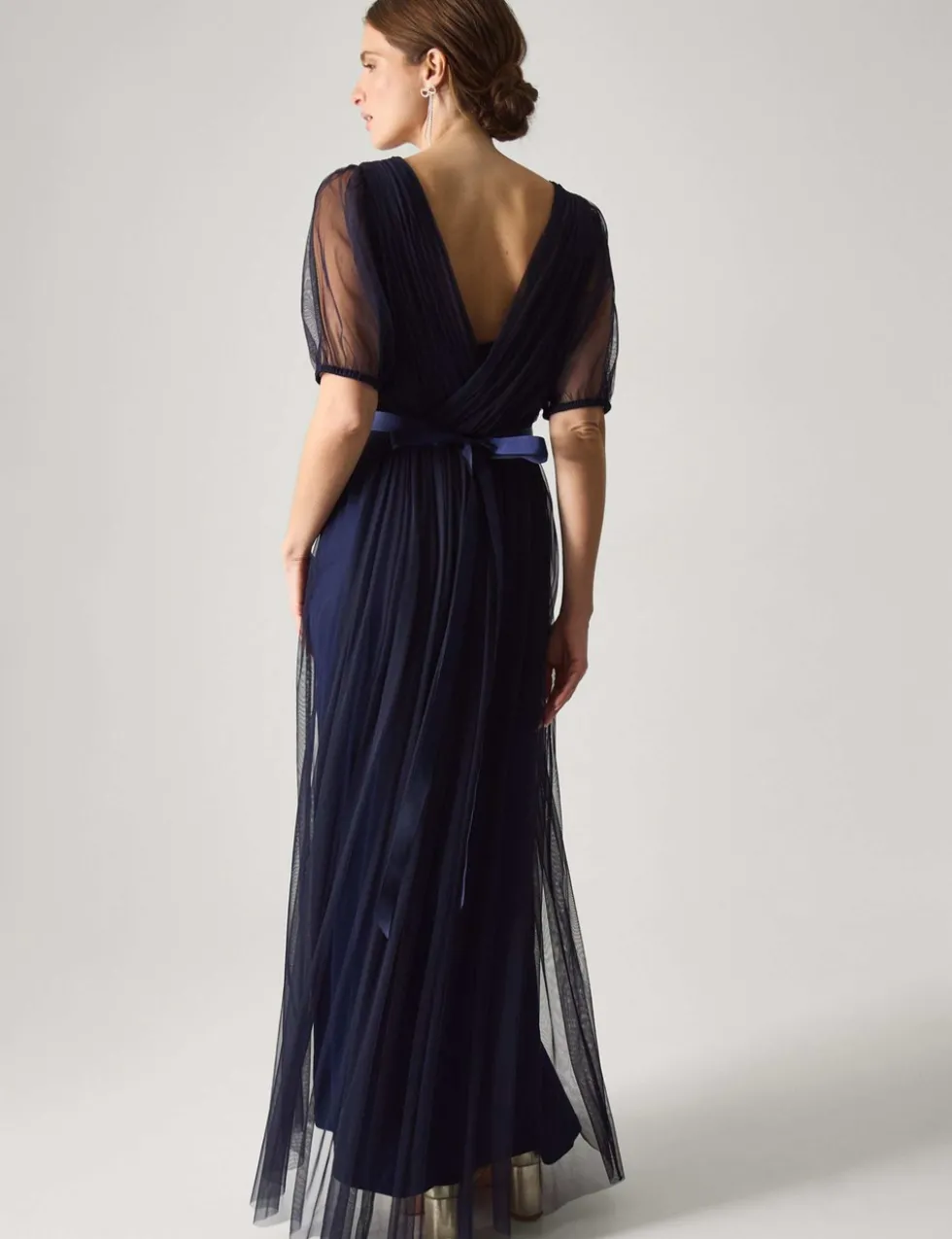 Mesh V-Neck Sheer Sleeve Maxi Skater Dress