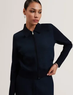 Metallic Collared Zip Up Cardigan