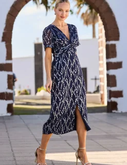 Metallic Fleck Print Twist Front Midi Dress