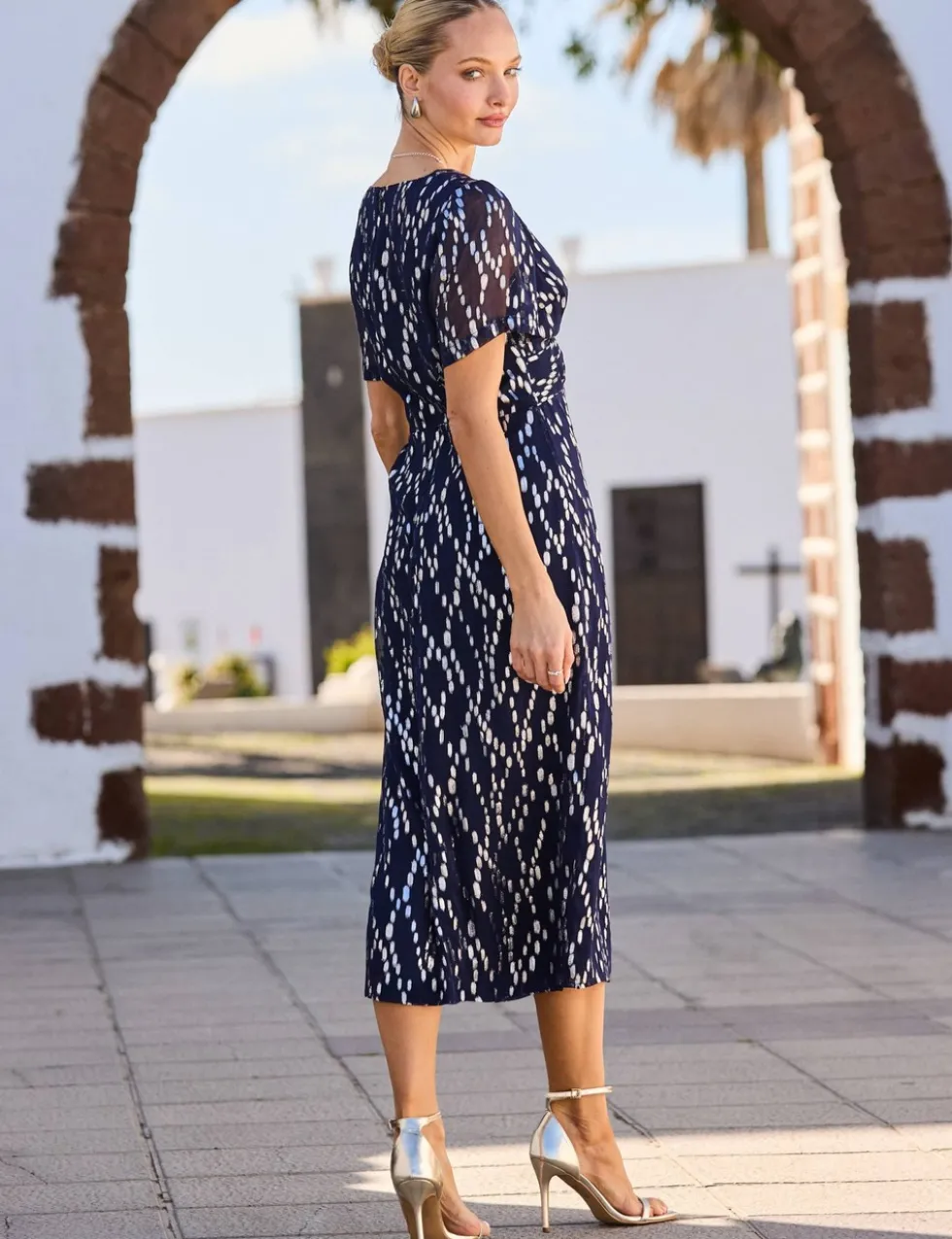 Metallic Fleck Print Twist Front Midi Dress