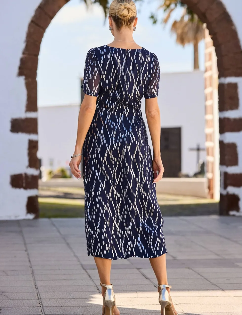 Metallic Fleck Print Twist Front Midi Dress