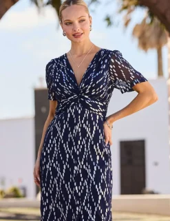 Metallic Fleck Print Twist Front Midi Dress