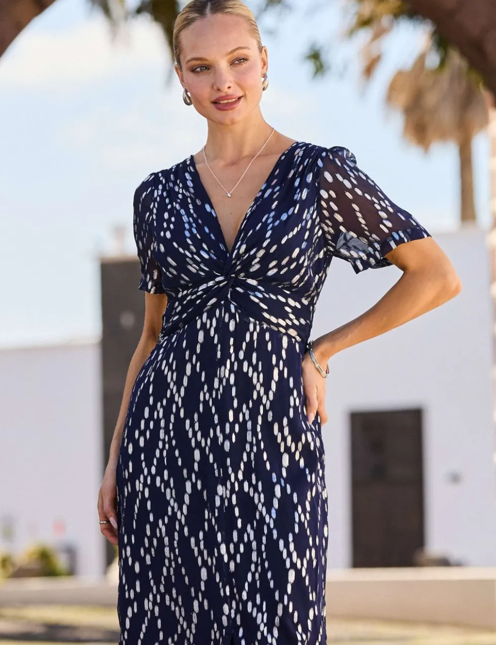 Metallic Fleck Print Twist Front Midi Dress