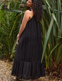 Metallic Halter Neck Maxi Tiered Dress