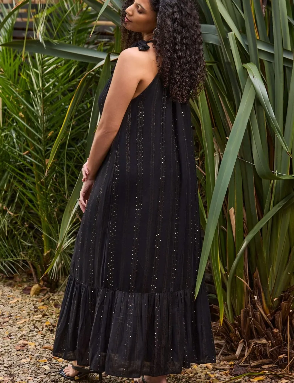 Metallic Halter Neck Maxi Tiered Dress