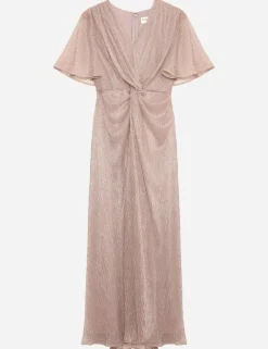 Metallic Plisse V-Neck Maxi Waisted Dress
