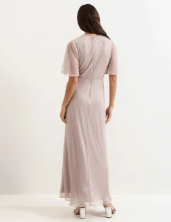 Metallic Plisse V-Neck Maxi Waisted Dress