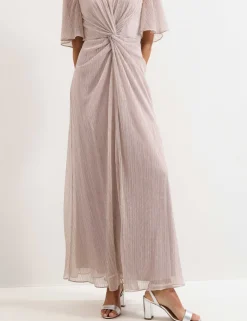 Metallic Plisse V-Neck Maxi Waisted Dress