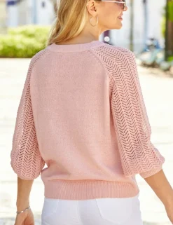 Metallic Pointelle Sleeve V-Neck Jumper