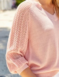 Metallic Pointelle Sleeve V-Neck Jumper