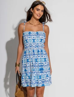 Mia Printed Frill Detail Shirred Beach Dress