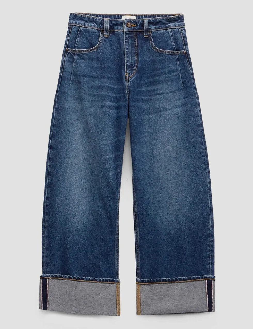 Mid Rise Barrel Leg Turn Up Jeans