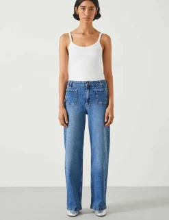 Mid Rise Patch Pocket Wide Leg Jeans