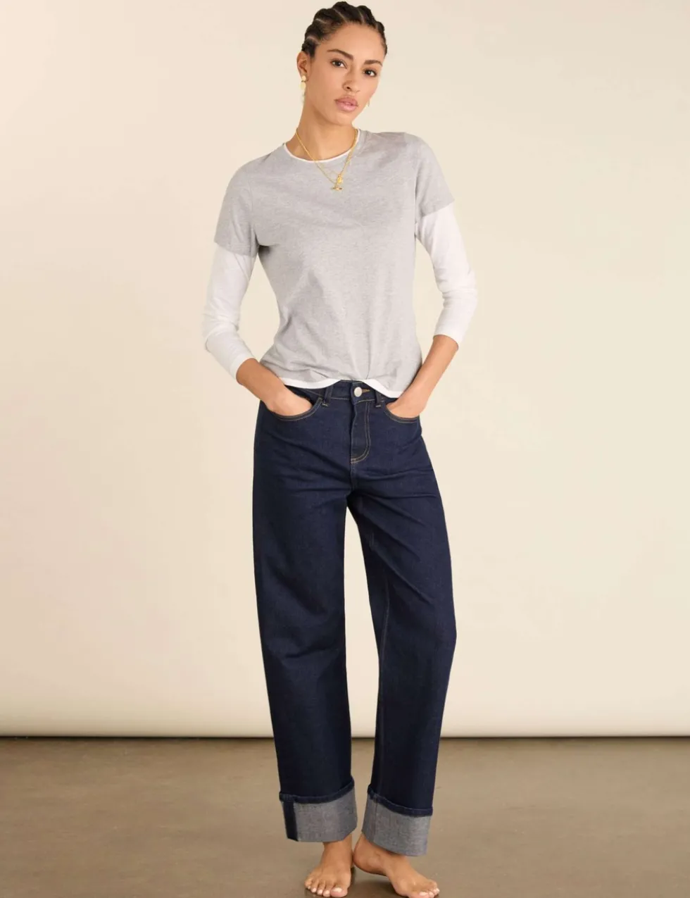 Mid Rise Straight Leg Turn Up Jeans