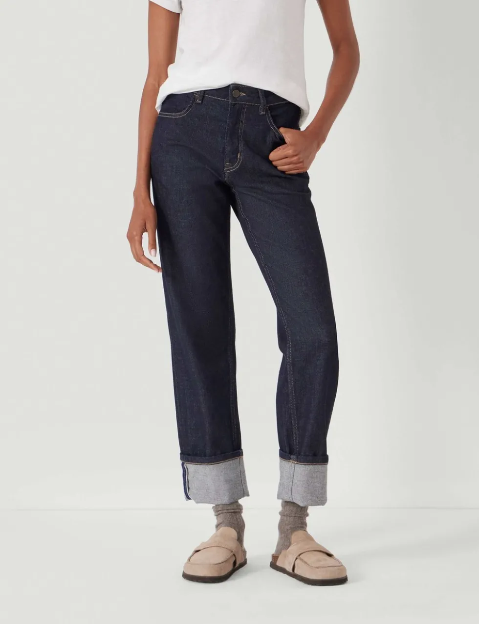 Mid Rise Straight Leg Turn Up Jeans