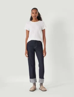 Mid Rise Straight Leg Turn Up Jeans