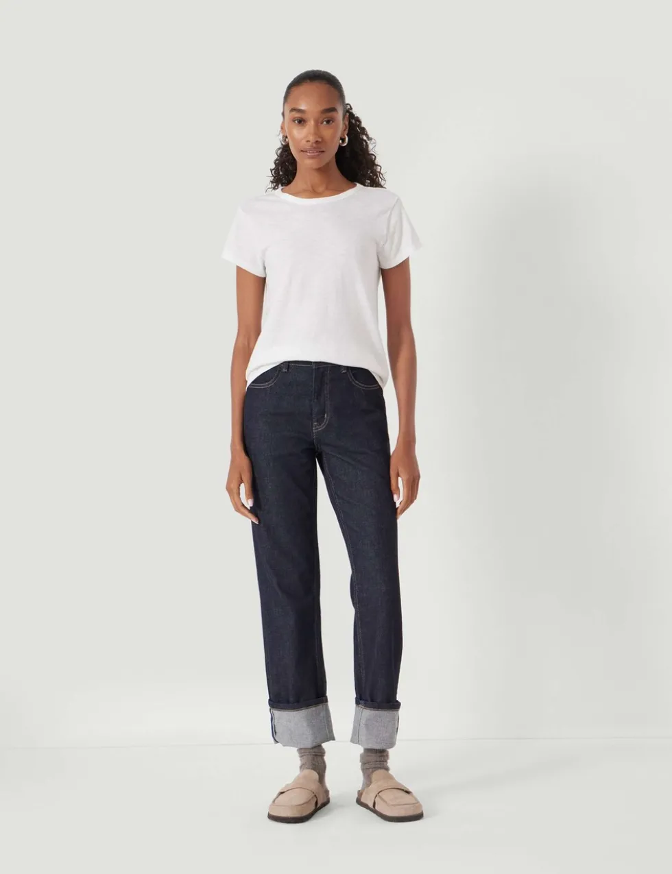 Mid Rise Straight Leg Turn Up Jeans