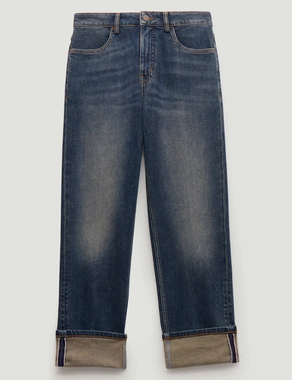 Mid Rise Straight Leg Turn Up Jeans