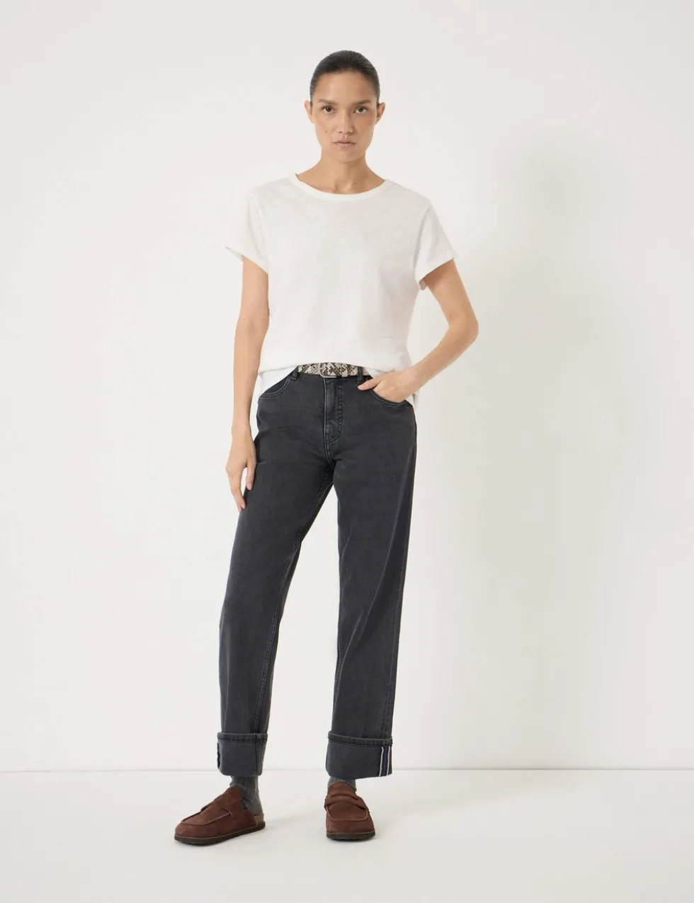 Mid Rise Straight Leg Turn Up Jeans
