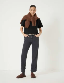 Mid Rise Straight Leg Turn Up Jeans