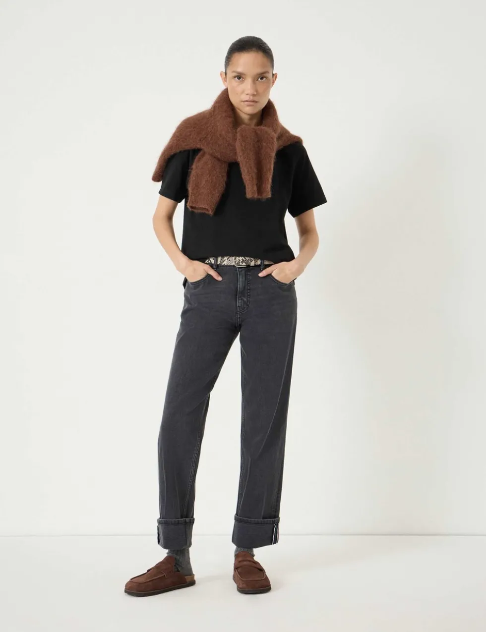 Mid Rise Straight Leg Turn Up Jeans