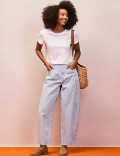 Mid Rise Striped Barrel Ankle Grazer Jeans