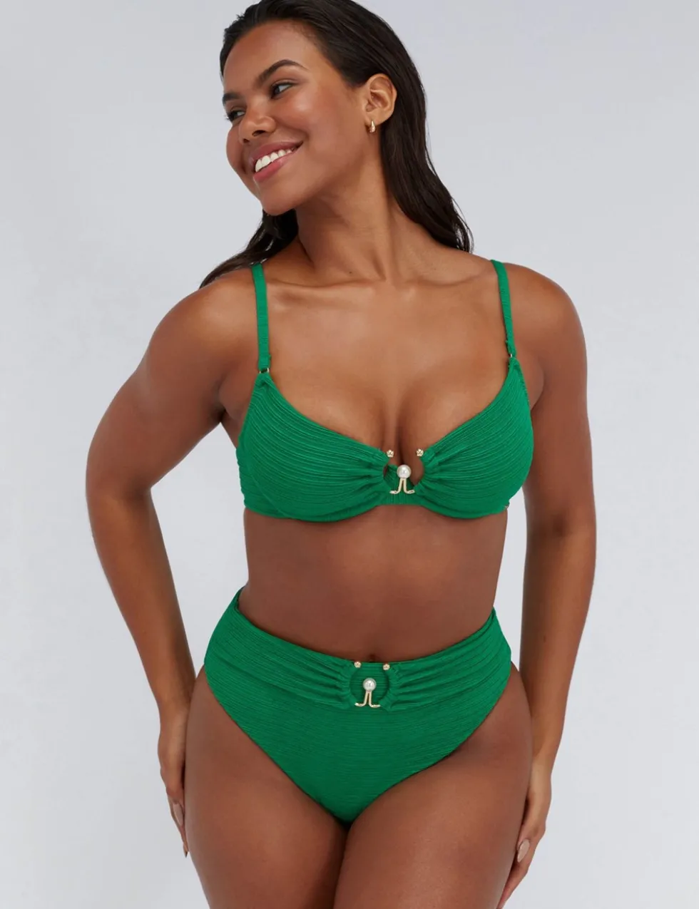 Mirada Pearl Textured Wired V-Neck Pearl Detail Bikini Top (B-F)