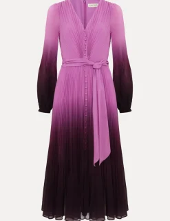 Ombre Plisse V-Neck Midi Waisted Dress