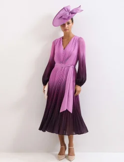 Ombre Plisse V-Neck Midi Waisted Dress