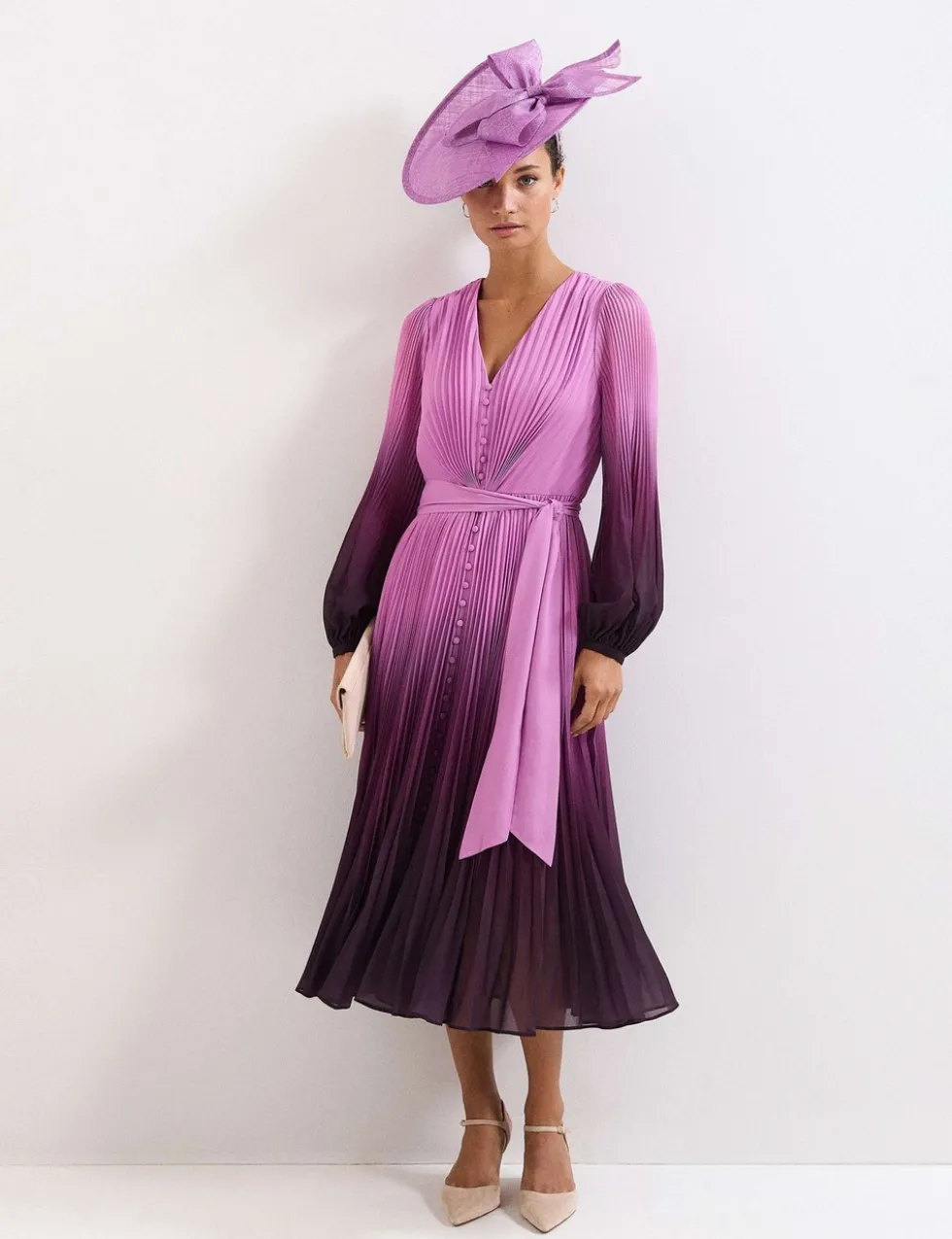 Ombre Plisse V-Neck Midi Waisted Dress