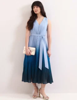 Ombre V-Neck Pleated Midi Skater Dress