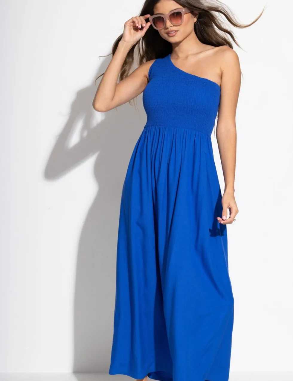 One Shoulder Shirred Maxi Dress
