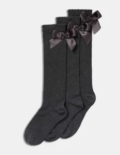 3p Cotton Rich Picot Knee High Bow Socks (6-8½ Small - 4-7 Large)