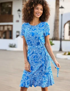 Paisley Tie Waist Knee Length Waisted Dress