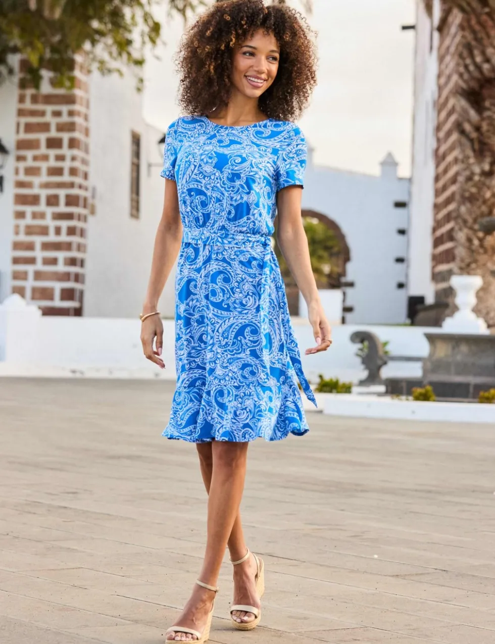 Paisley Tie Waist Knee Length Waisted Dress