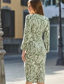 Paisley V-Neck Blouson Sleeve Midi Wrap Dress