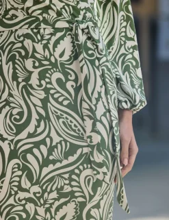 Paisley V-Neck Blouson Sleeve Midi Wrap Dress