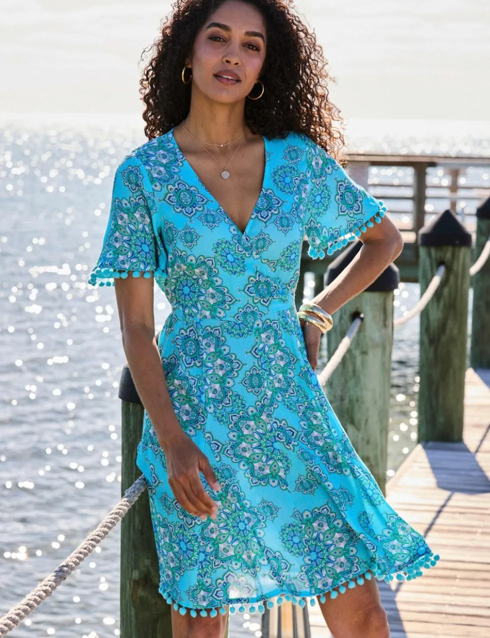 Paisley V-Neck Knee Length Waisted Dress