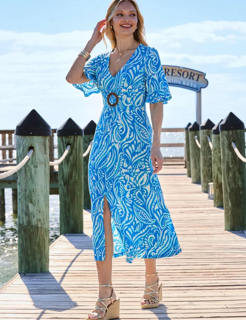 Paisley V-Neck Ring Front Angel Sleeve Midi Tea Dress