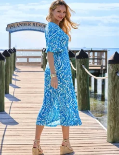 Paisley V-Neck Ring Front Angel Sleeve Midi Tea Dress